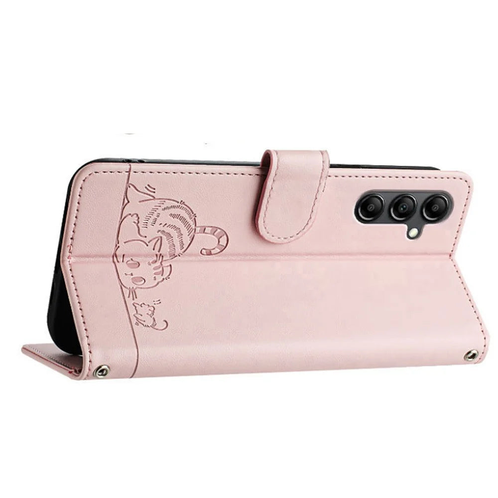 For Samsung Galaxy A15 4G / 5G Case with Strap RFID Blocking Leather Wallet Phone Cover Cat Mouse Pattern - Pink - 3