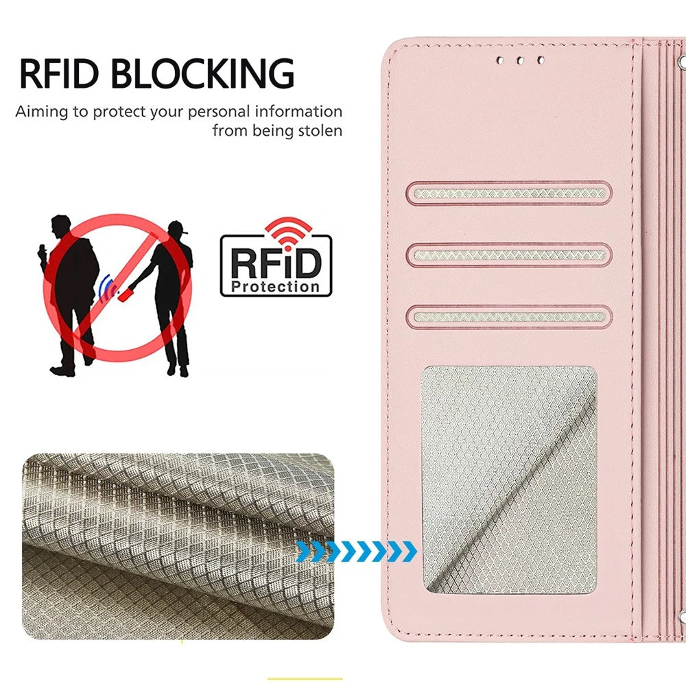 For Samsung Galaxy A15 4G / 5G Case with Strap RFID Blocking Leather Wallet Phone Cover Cat Mouse Pattern - Pink - 4