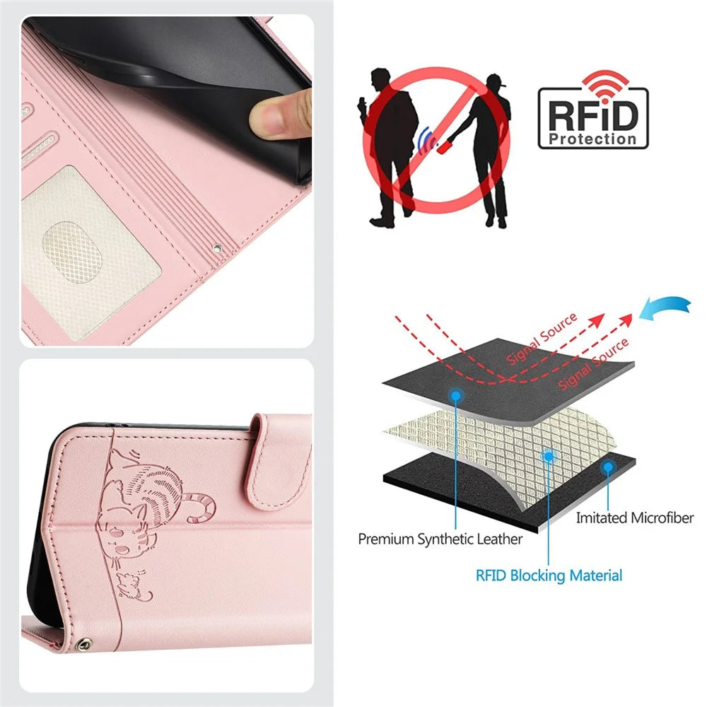 For Samsung Galaxy A15 4G / 5G Case with Strap RFID Blocking Leather Wallet Phone Cover Cat Mouse Pattern - Pink - 6