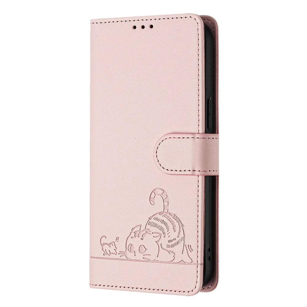 For Samsung Galaxy A15 4G / 5G Case with Strap RFID Blocking Leather Wallet Phone Cover Cat Mouse Pattern - Pink - 7