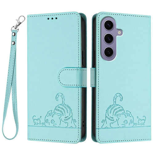For Samsung Galaxy S24 Case with Strap RFID Blocking Leather Wallet Phone Cover Cat Mouse Pattern - Mint Green - 1