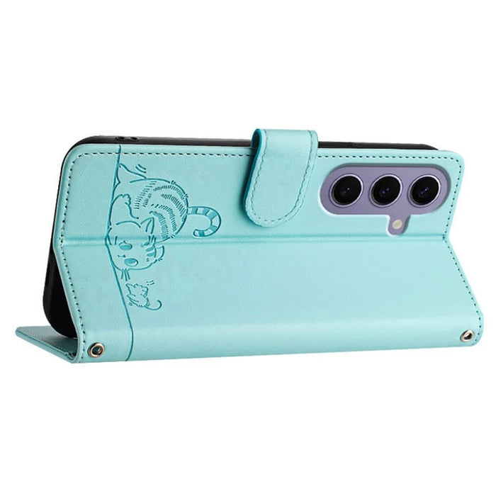 For Samsung Galaxy S24 Case with Strap RFID Blocking Leather Wallet Phone Cover Cat Mouse Pattern - Mint Green - 3