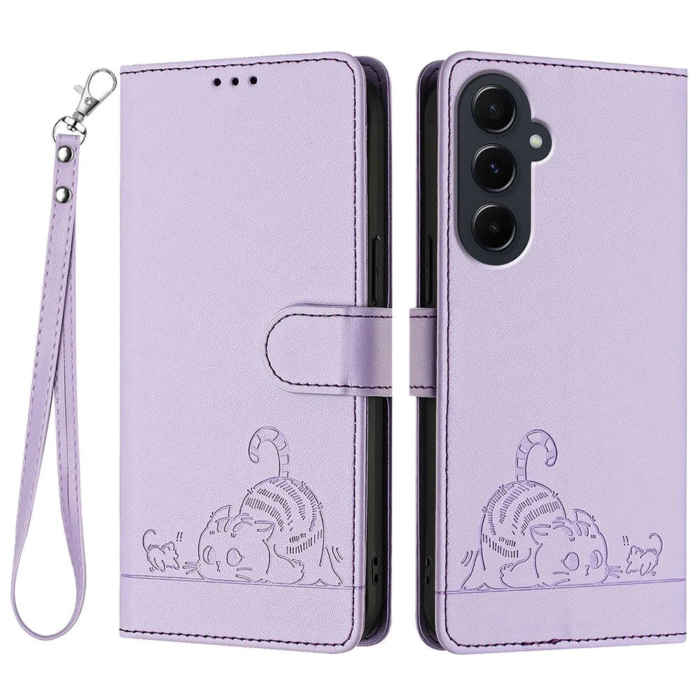 For Samsung Galaxy A55 5G Case with Strap RFID Blocking Leather Wallet Phone Cover Cat Mouse Pattern - Purple - 1