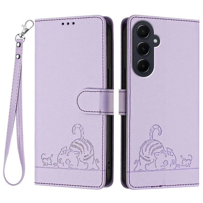 For Samsung Galaxy A55 5G Case with Strap RFID Blocking Leather Wallet Phone Cover Cat Mouse Pattern - Purple - 1