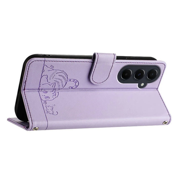 For Samsung Galaxy A55 5G Case with Strap RFID Blocking Leather Wallet Phone Cover Cat Mouse Pattern - Purple - 3