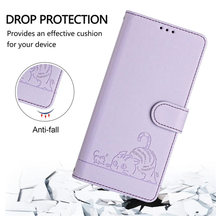 For Samsung Galaxy A55 5G Case with Strap RFID Blocking Leather Wallet Phone Cover Cat Mouse Pattern - Purple - 5
