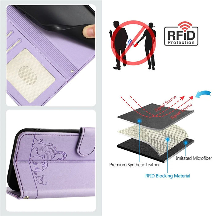 For Samsung Galaxy A55 5G Case with Strap RFID Blocking Leather Wallet Phone Cover Cat Mouse Pattern - Purple - 6