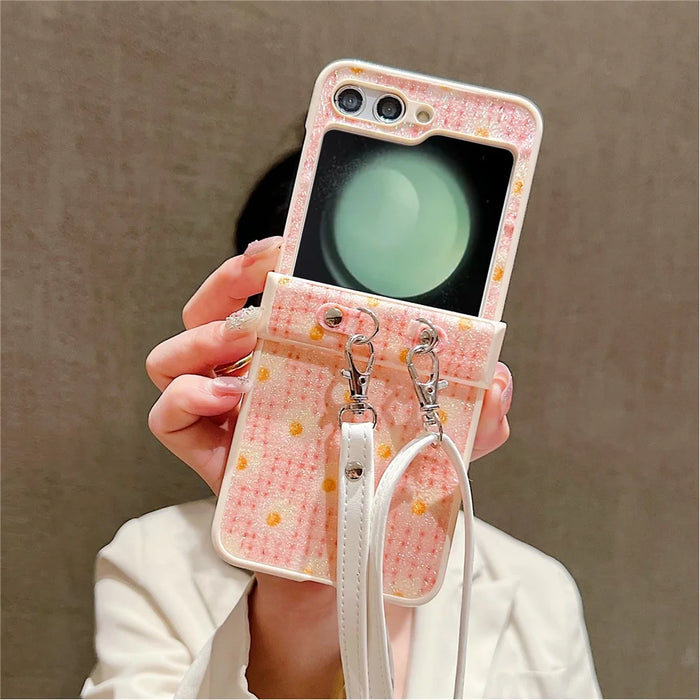 For Samsung Galaxy Z Flip5 5G Glittery Powder Phone Case PC Phone Shell with Long Strap - Pink - 1