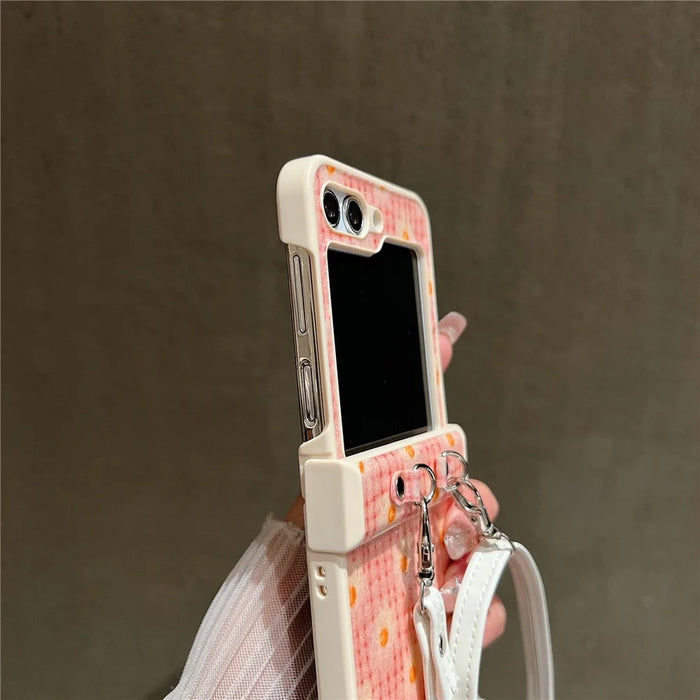 For Samsung Galaxy Z Flip5 5G Glittery Powder Phone Case PC Phone Shell with Long Strap - Pink - 3