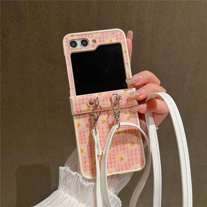 For Samsung Galaxy Z Flip5 5G Glittery Powder Phone Case PC Phone Shell with Long Strap - Pink - 5