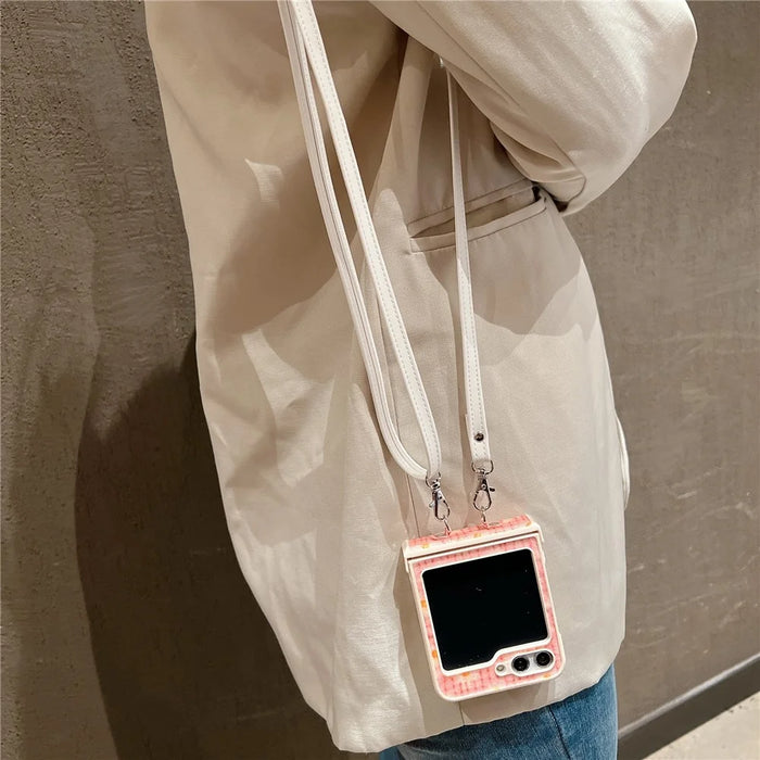 For Samsung Galaxy Z Flip5 5G Glittery Powder Phone Case PC Phone Shell with Long Strap - Pink - 7