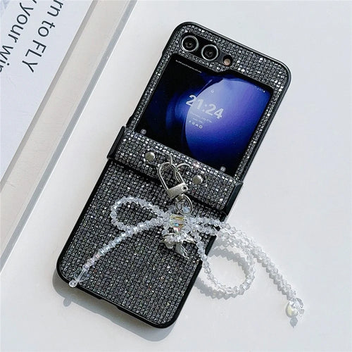 For Samsung Galaxy Z Flip5 5G Case Sequins Decor PC Phone Cover with Beaded Bowknot Pendant - Black  /  Grey - 1
