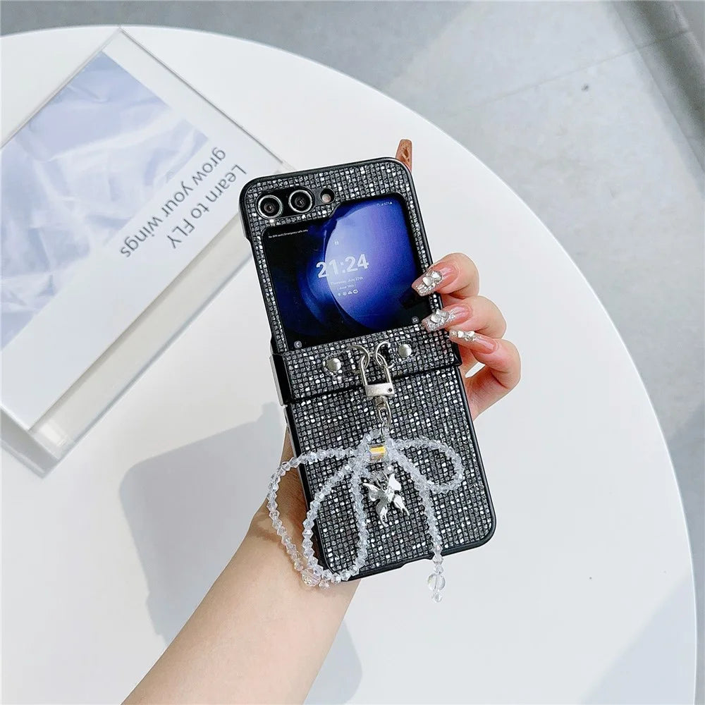 For Samsung Galaxy Z Flip5 5G Case Sequins Decor PC Phone Cover with Beaded Bowknot Pendant - Black  /  Grey - 2
