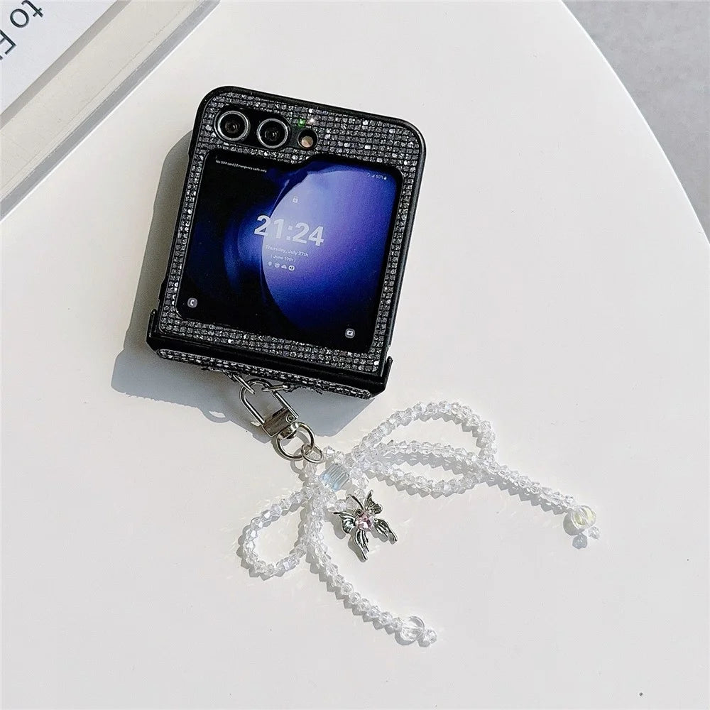 For Samsung Galaxy Z Flip5 5G Case Sequins Decor PC Phone Cover with Beaded Bowknot Pendant - Black  /  Grey - 3