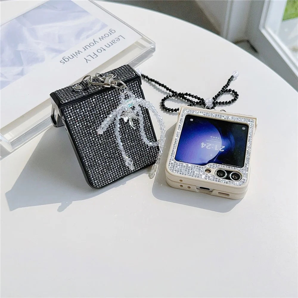 For Samsung Galaxy Z Flip5 5G Case Sequins Decor PC Phone Cover with Beaded Bowknot Pendant - Black  /  Grey - 4