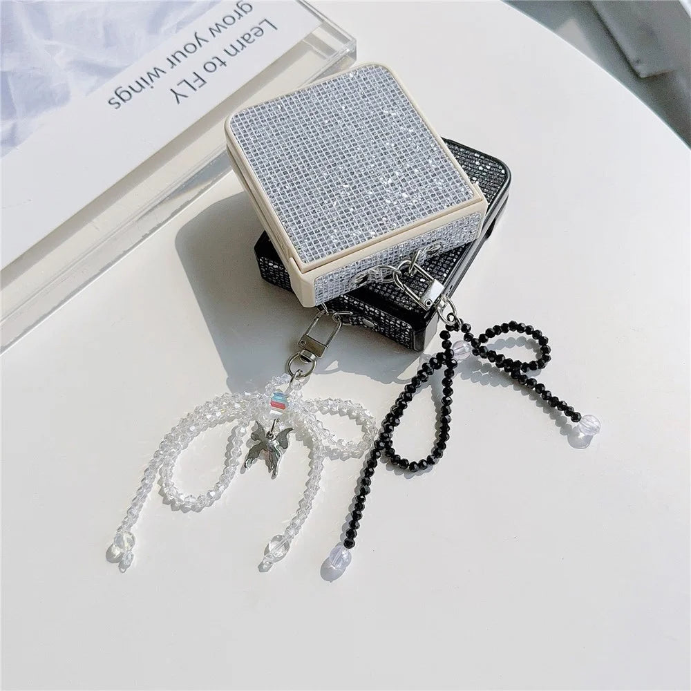 For Samsung Galaxy Z Flip5 5G Case Sequins Decor PC Phone Cover with Beaded Bowknot Pendant - Black  /  Grey - 5