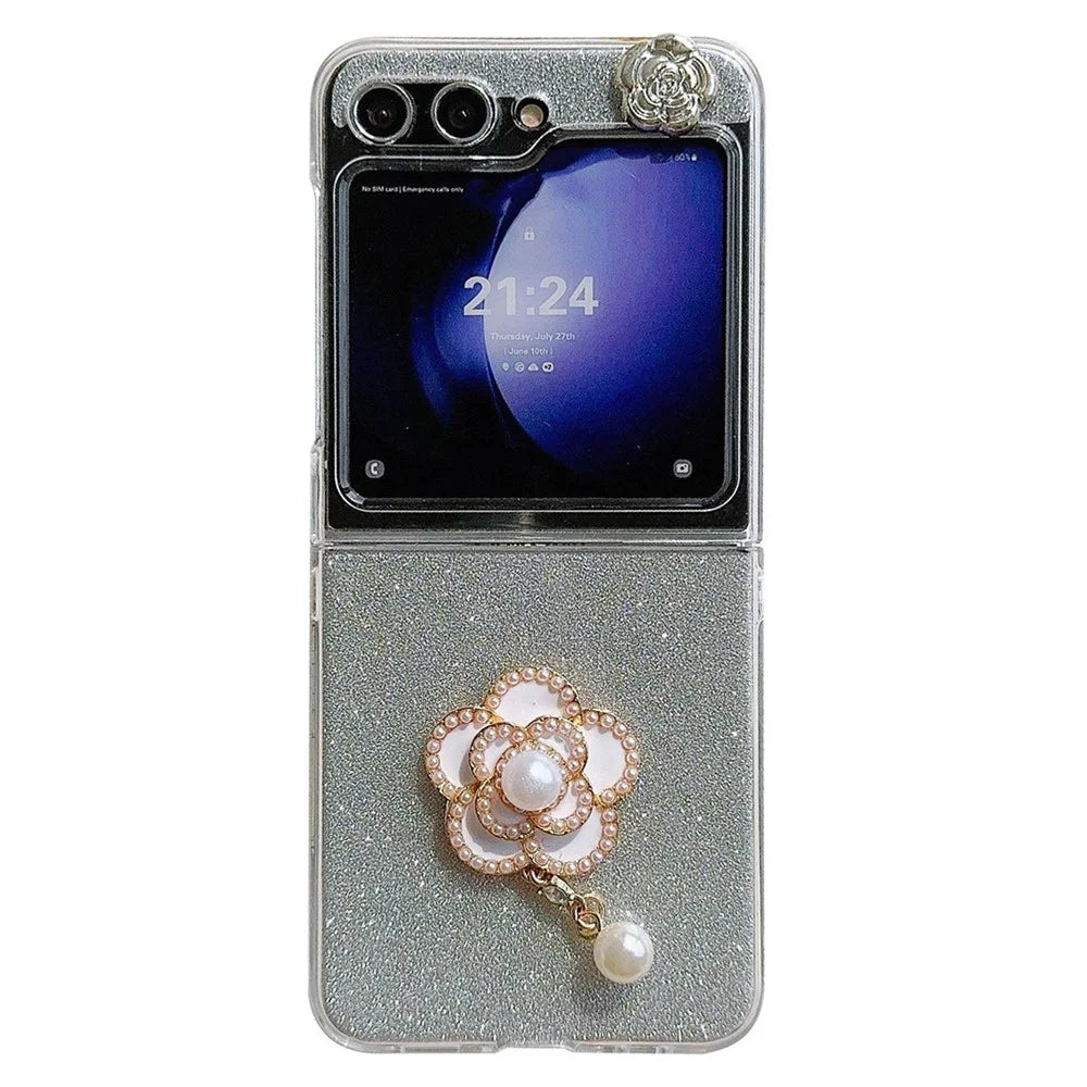 For Samsung Galaxy Z Flip5 5G Case Pearl Pendant Camellia Decor PC Phone Cover with Glitter Paper - White - 1