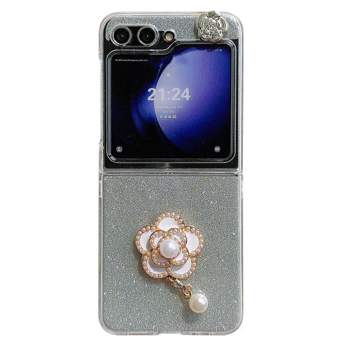 For Samsung Galaxy Z Flip5 5G Case Pearl Pendant Camellia Decor PC Phone Cover with Glitter Paper - White - 1
