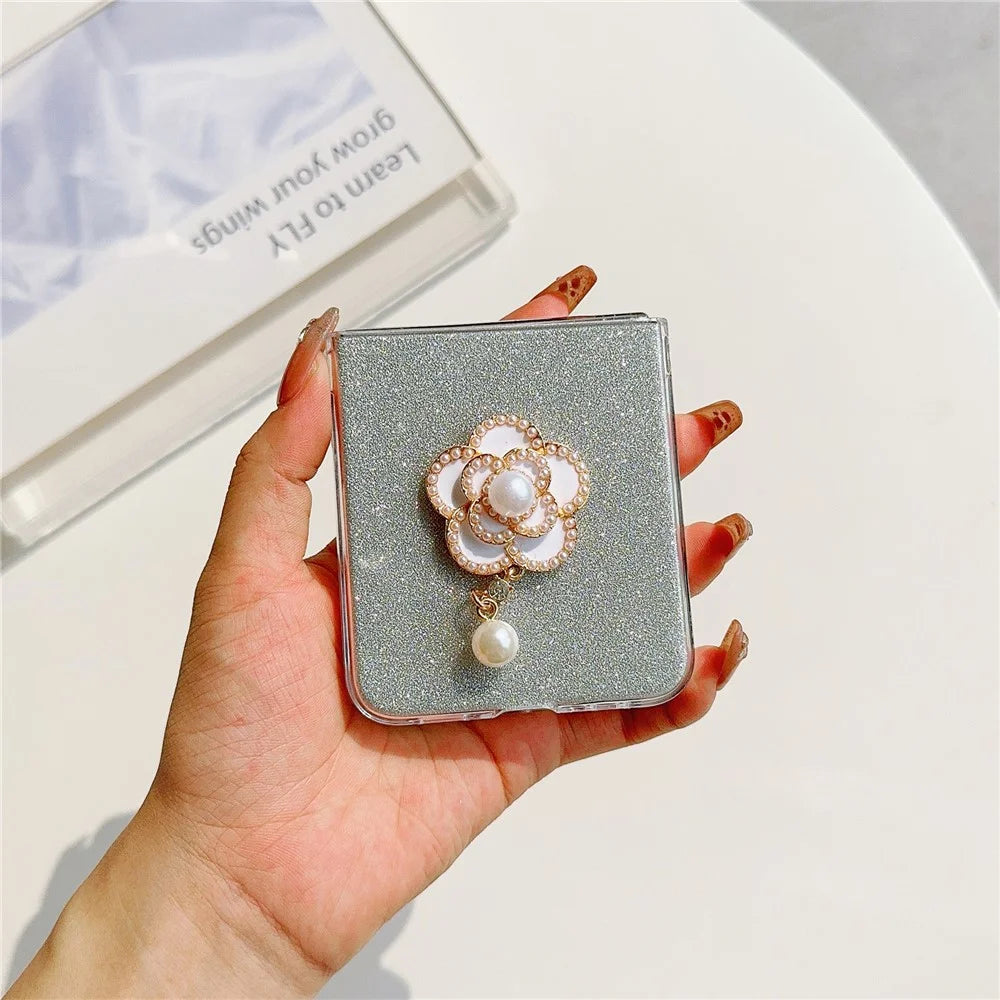For Samsung Galaxy Z Flip5 5G Case Pearl Pendant Camellia Decor PC Phone Cover with Glitter Paper - White - 2