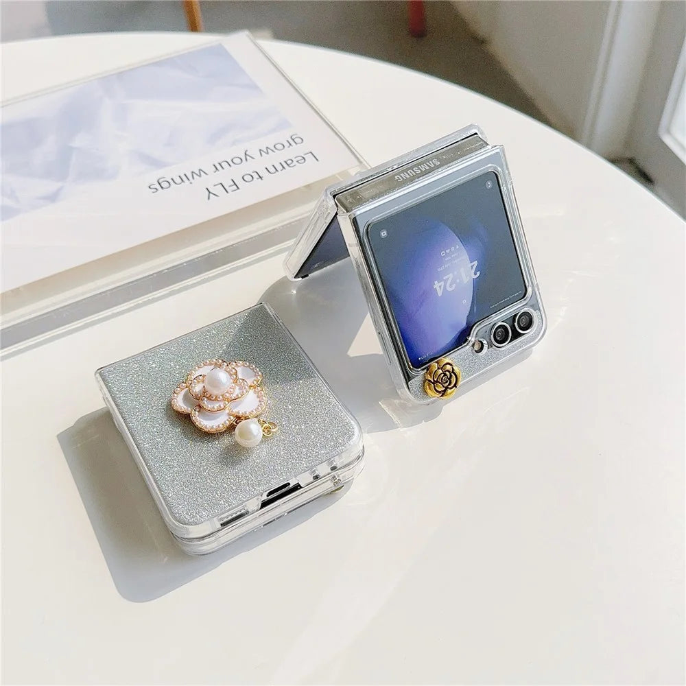 For Samsung Galaxy Z Flip5 5G Case Pearl Pendant Camellia Decor PC Phone Cover with Glitter Paper - White - 3