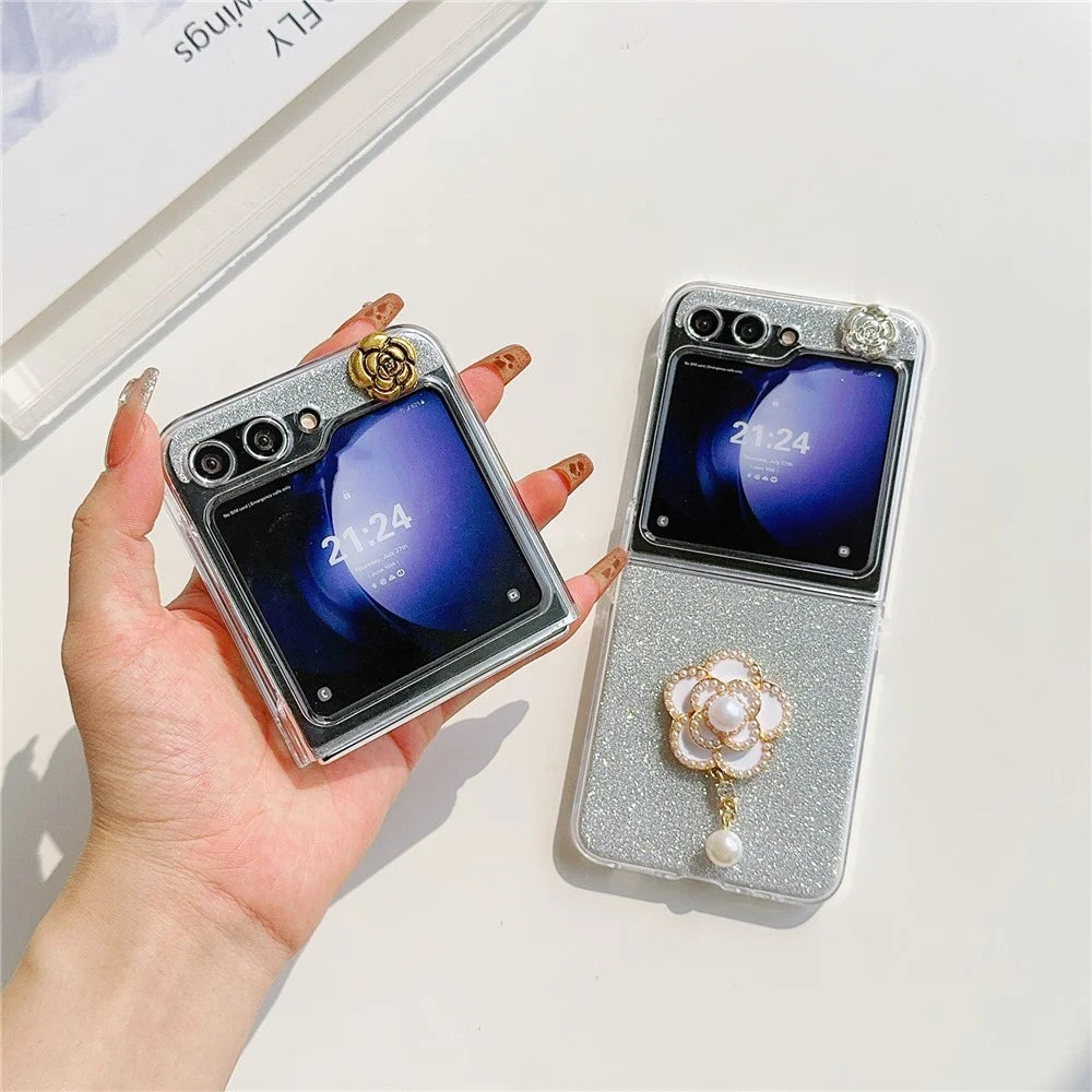 For Samsung Galaxy Z Flip5 5G Case Pearl Pendant Camellia Decor PC Phone Cover with Glitter Paper - White - 4