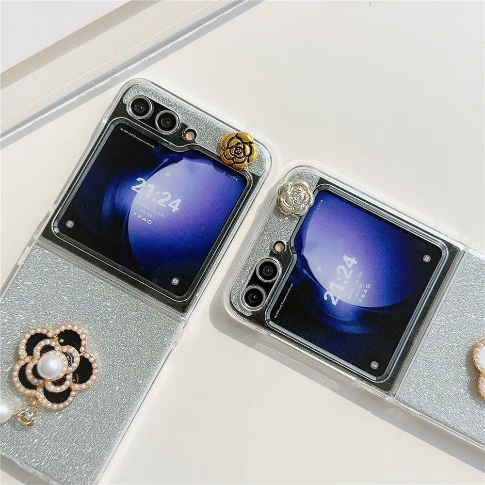 For Samsung Galaxy Z Flip5 5G Case Pearl Pendant Camellia Decor PC Phone Cover with Glitter Paper - White - 5