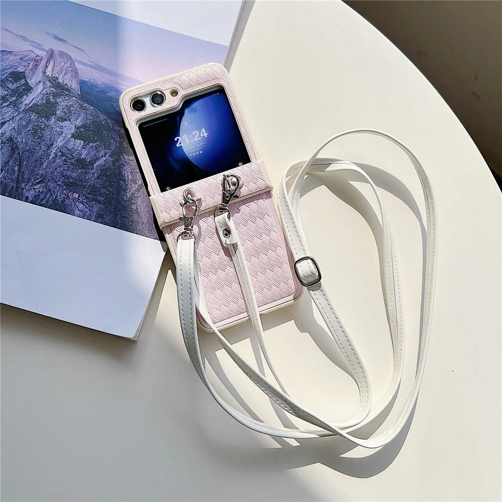 For Samsung Galaxy Z Flip5 5G Case Laser Rhombus Imprinted PU+PC Phone Cover with Crossbody Strap - Pink - 1