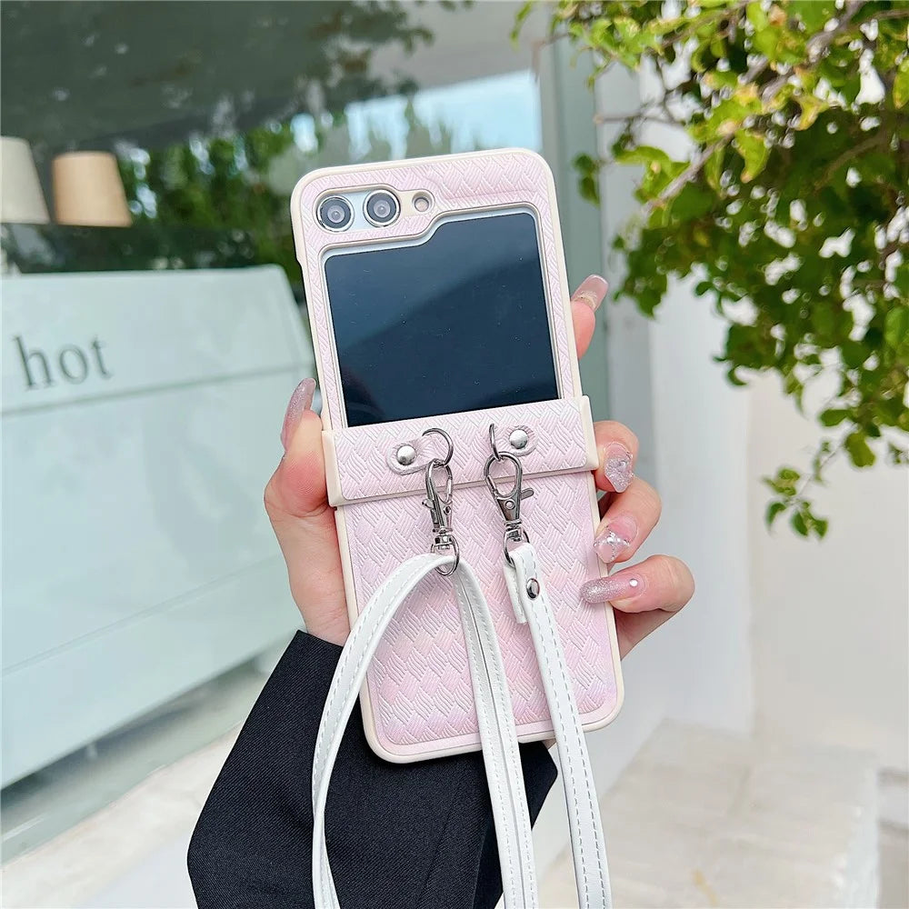 For Samsung Galaxy Z Flip5 5G Case Laser Rhombus Imprinted PU+PC Phone Cover with Crossbody Strap - Pink - 2
