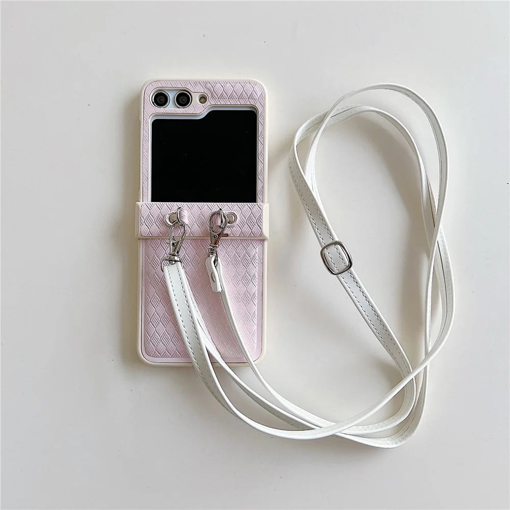 For Samsung Galaxy Z Flip5 5G Case Laser Rhombus Imprinted PU+PC Phone Cover with Crossbody Strap - Pink - 3