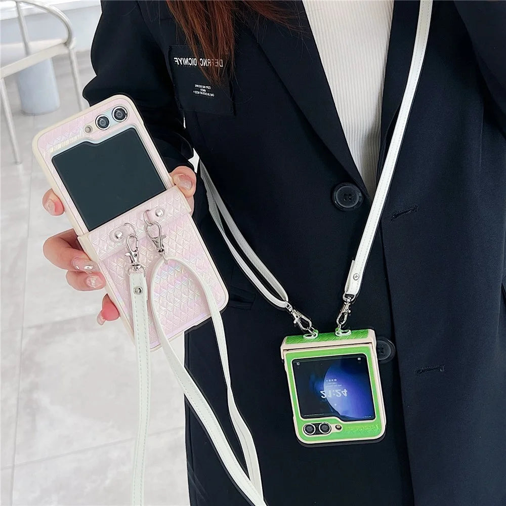 For Samsung Galaxy Z Flip5 5G Case Laser Rhombus Imprinted PU+PC Phone Cover with Crossbody Strap - Pink - 5