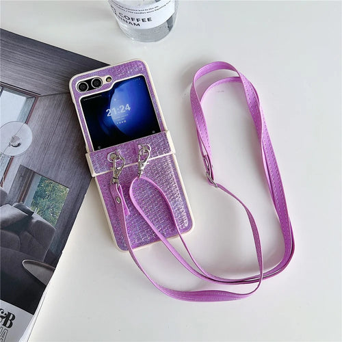 For Samsung Galaxy Z Flip5 5G Case Woven Texture PU Leather+PC Phone Cover with Crossbody Strap - Purple - 1