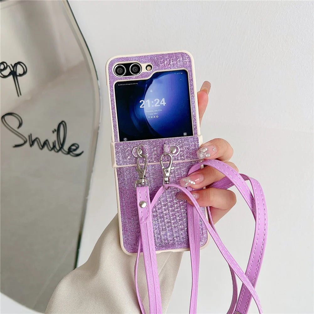 For Samsung Galaxy Z Flip5 5G Case Woven Texture PU Leather+PC Phone Cover with Crossbody Strap - Purple - 2