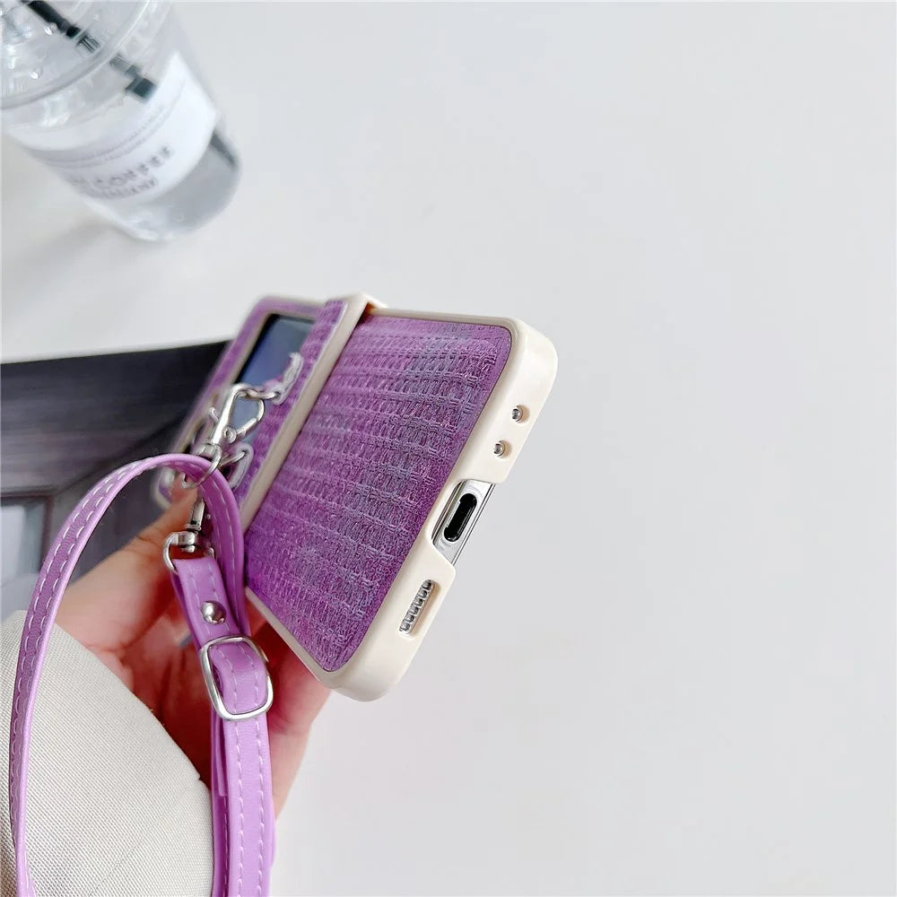 For Samsung Galaxy Z Flip5 5G Case Woven Texture PU Leather+PC Phone Cover with Crossbody Strap - Purple - 3