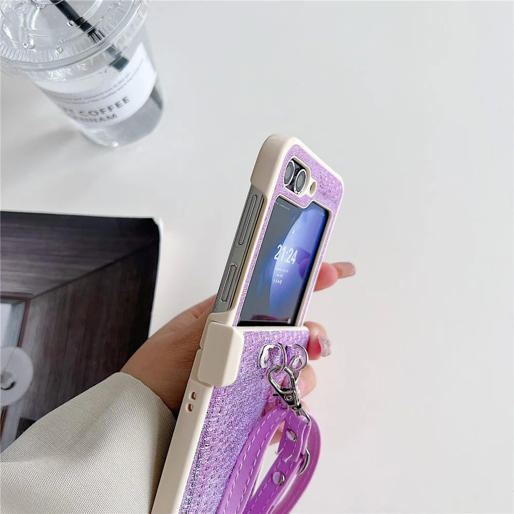 For Samsung Galaxy Z Flip5 5G Case Woven Texture PU Leather+PC Phone Cover with Crossbody Strap - Purple - 4