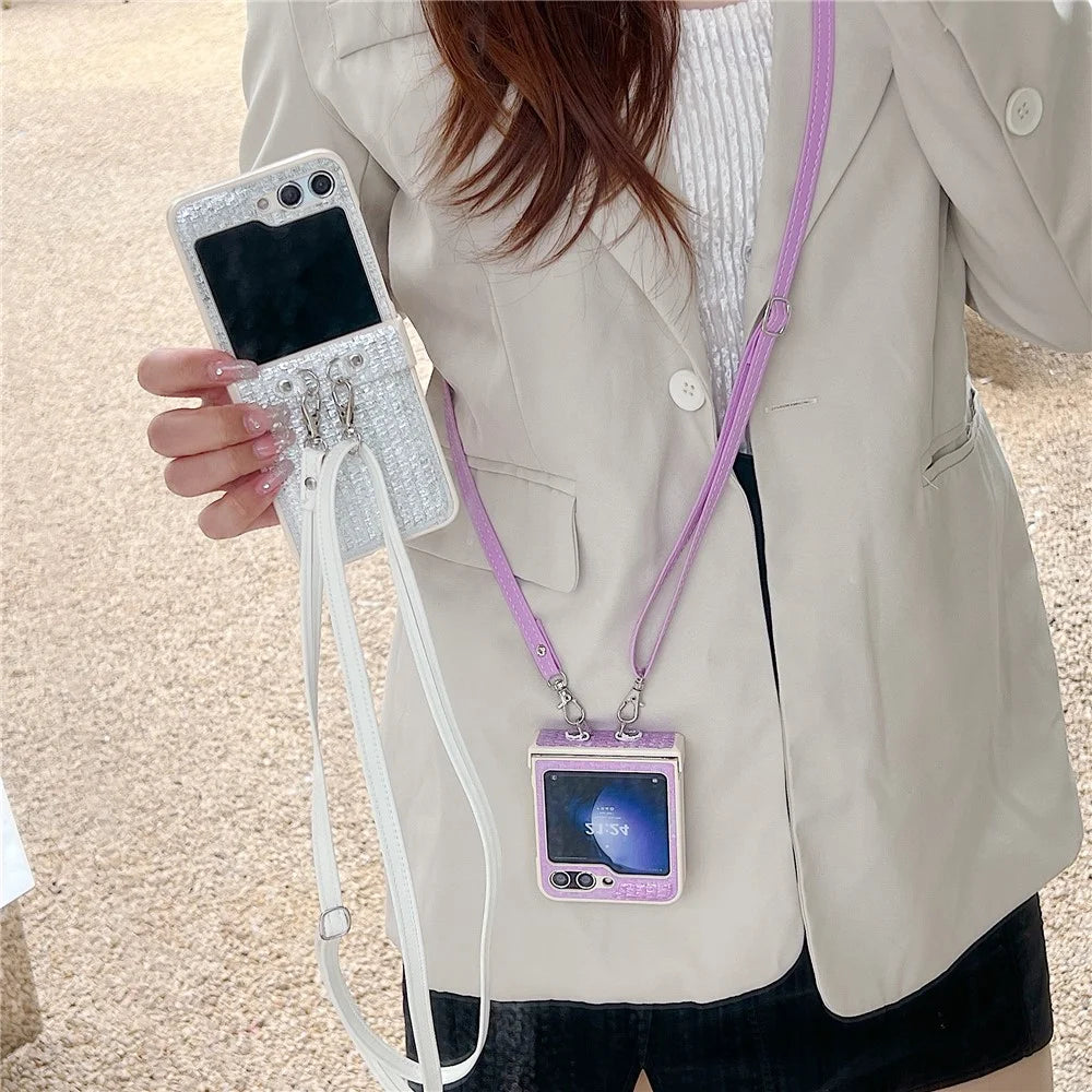 For Samsung Galaxy Z Flip5 5G Case Woven Texture PU Leather+PC Phone Cover with Crossbody Strap - Purple - 5