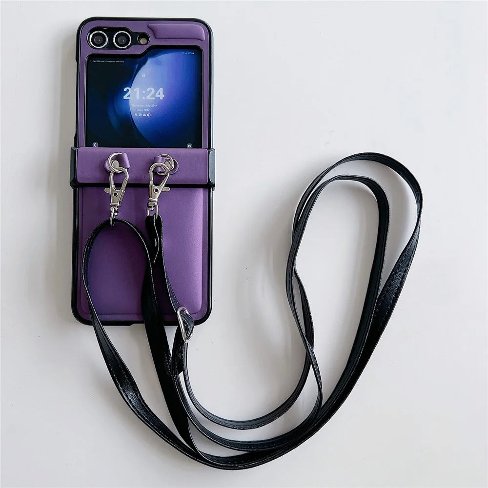For Samsung Galaxy Z Flip5 5G Case PU Leather Coated PC Phone Cover with Crossbody Strap - Purple - 1