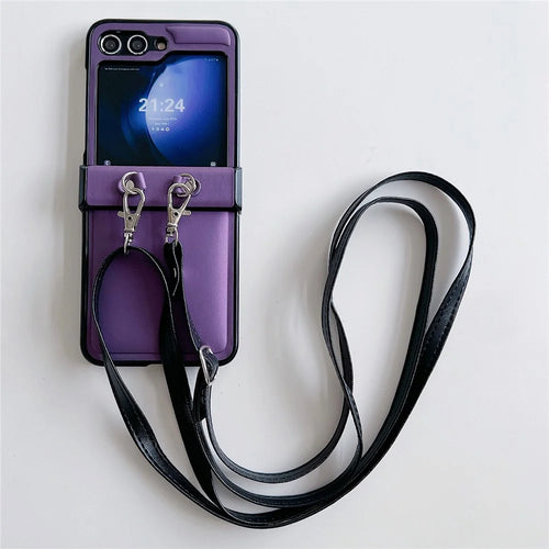 For Samsung Galaxy Z Flip5 5G Case PU Leather Coated PC Phone Cover with Crossbody Strap - Purple - 1