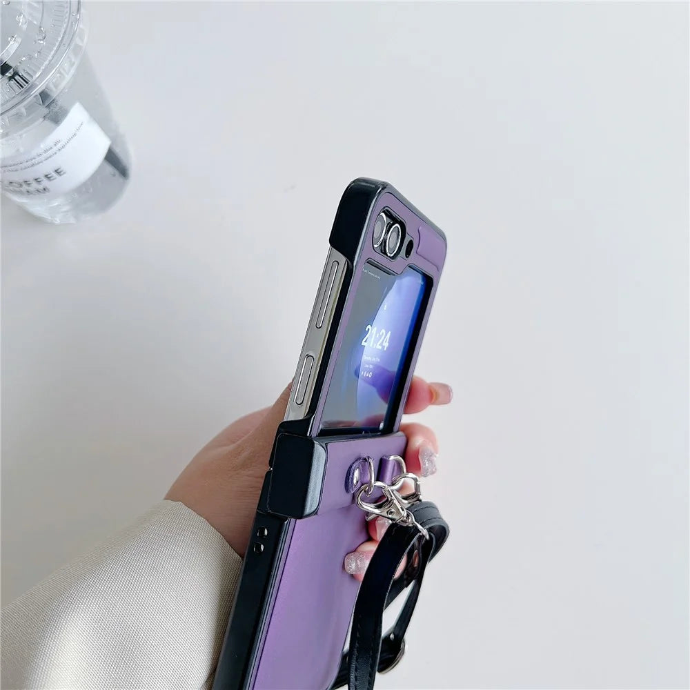 For Samsung Galaxy Z Flip5 5G Case PU Leather Coated PC Phone Cover with Crossbody Strap - Purple - 2