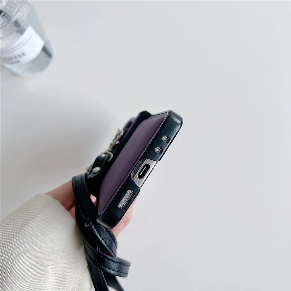 For Samsung Galaxy Z Flip5 5G Case PU Leather Coated PC Phone Cover with Crossbody Strap - Purple - 3