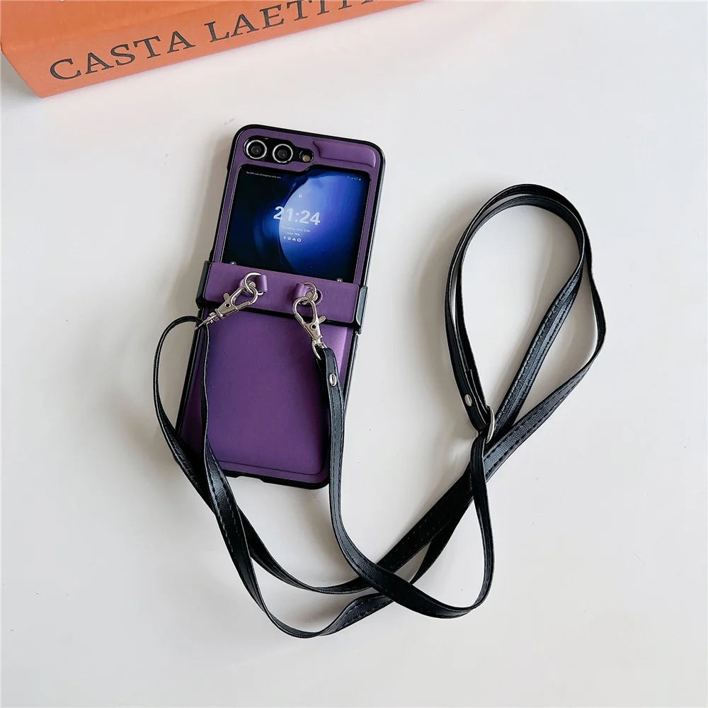 For Samsung Galaxy Z Flip5 5G Case PU Leather Coated PC Phone Cover with Crossbody Strap - Purple - 4