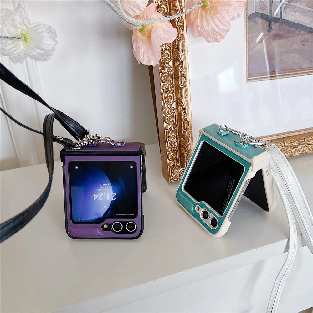 For Samsung Galaxy Z Flip5 5G Case PU Leather Coated PC Phone Cover with Crossbody Strap - Purple - 5