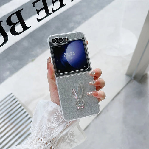 For Samsung Galaxy Z Flip5 5G Hard PC Case Rabbit Design Phone Cover with Glitter Paper - Pink - 1