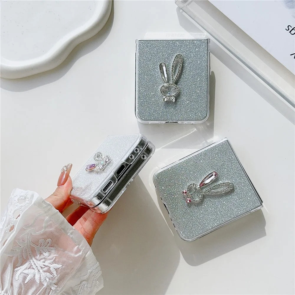 For Samsung Galaxy Z Flip5 5G Hard PC Case Rabbit Design Phone Cover with Glitter Paper - Pink - 6
