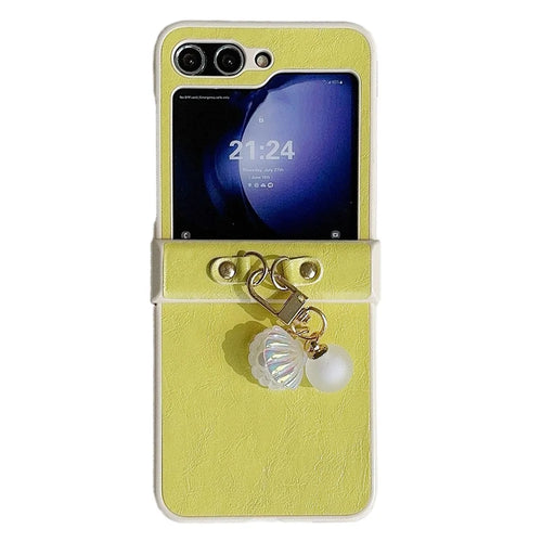 For Samsung Galaxy Z Flip5 5G Case PU Leather+PC Phone Shell with Pendant Crazy Horse Texture - Yellow - 1