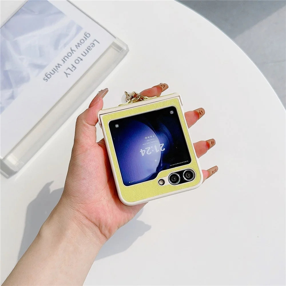 For Samsung Galaxy Z Flip5 5G Case PU Leather+PC Phone Shell with Pendant Crazy Horse Texture - Yellow - 2