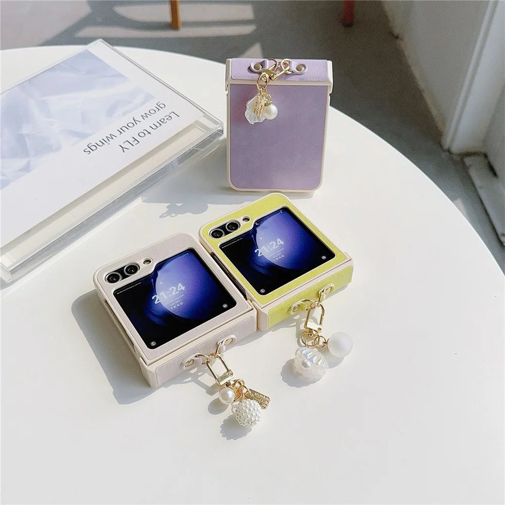 For Samsung Galaxy Z Flip5 5G Case PU Leather+PC Phone Shell with Pendant Crazy Horse Texture - Yellow - 4