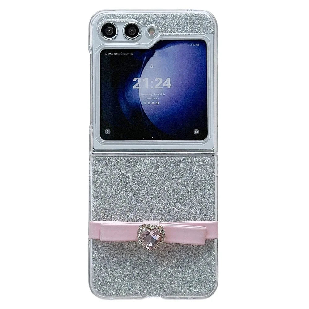 For Samsung Galaxy Z Flip5 5G Glittery Powder Phone Case P Phone Cover with Cute Bowknot - Pink - 1