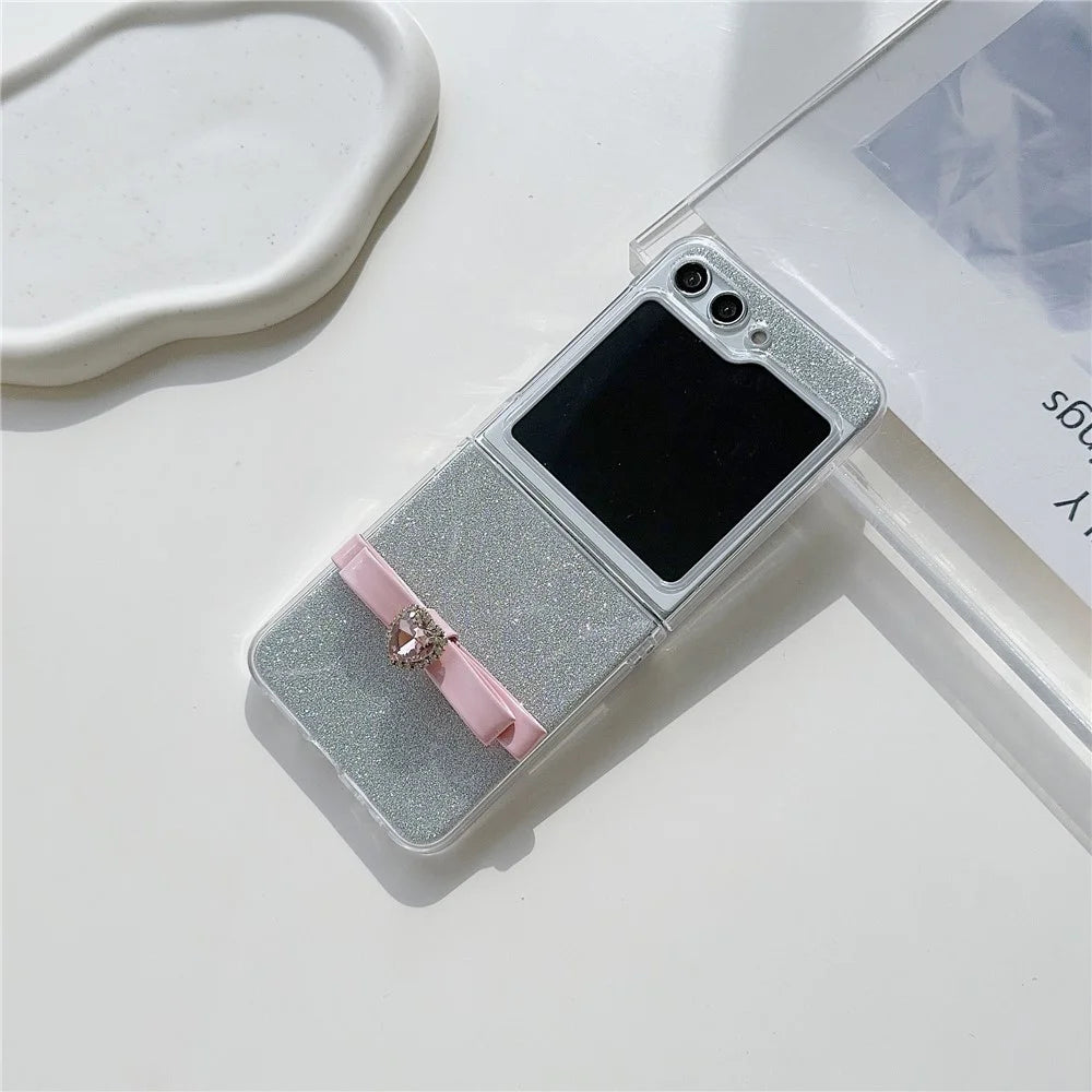 For Samsung Galaxy Z Flip5 5G Glittery Powder Phone Case P Phone Cover with Cute Bowknot - Pink - 2