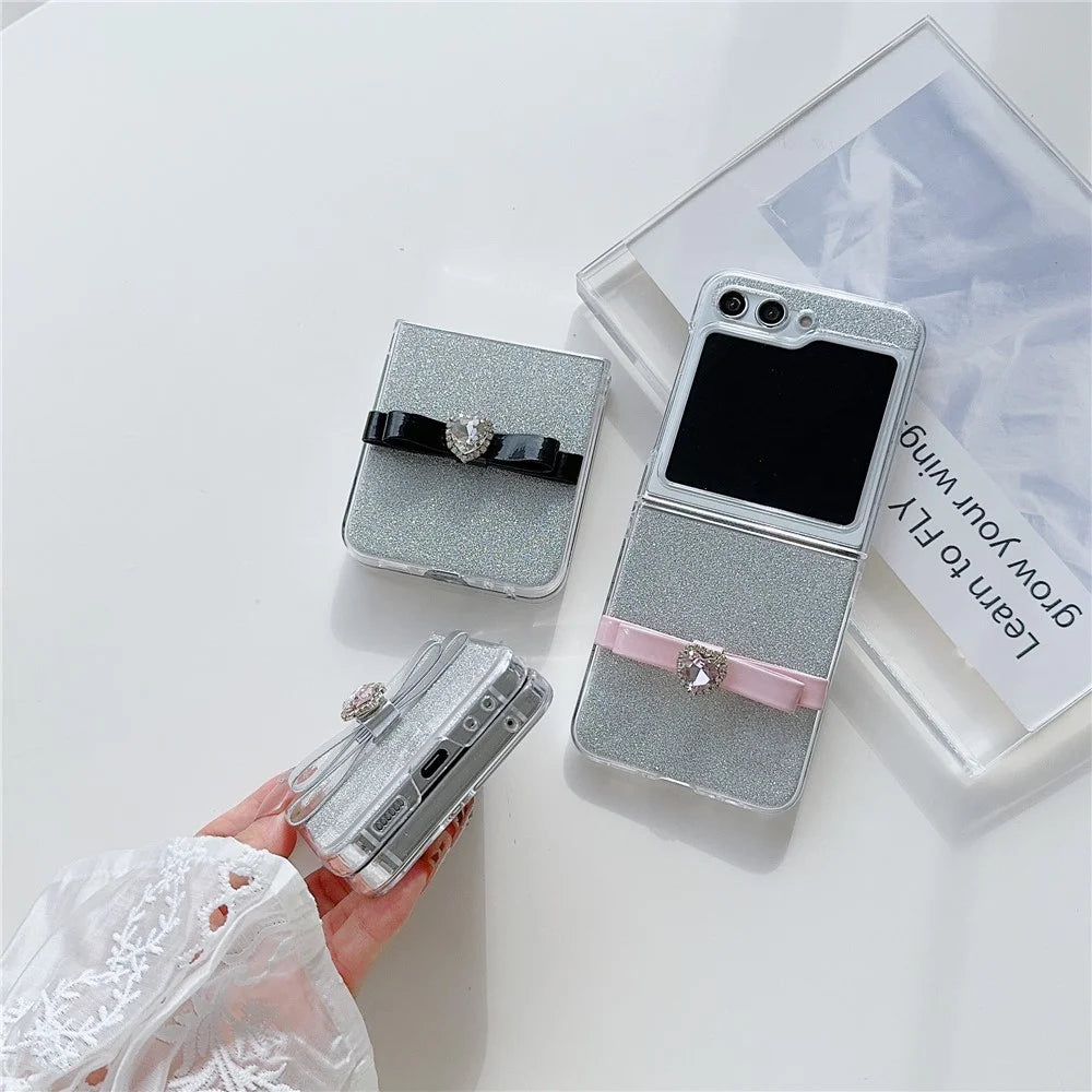 For Samsung Galaxy Z Flip5 5G Glittery Powder Phone Case P Phone Cover with Cute Bowknot - Pink - 6