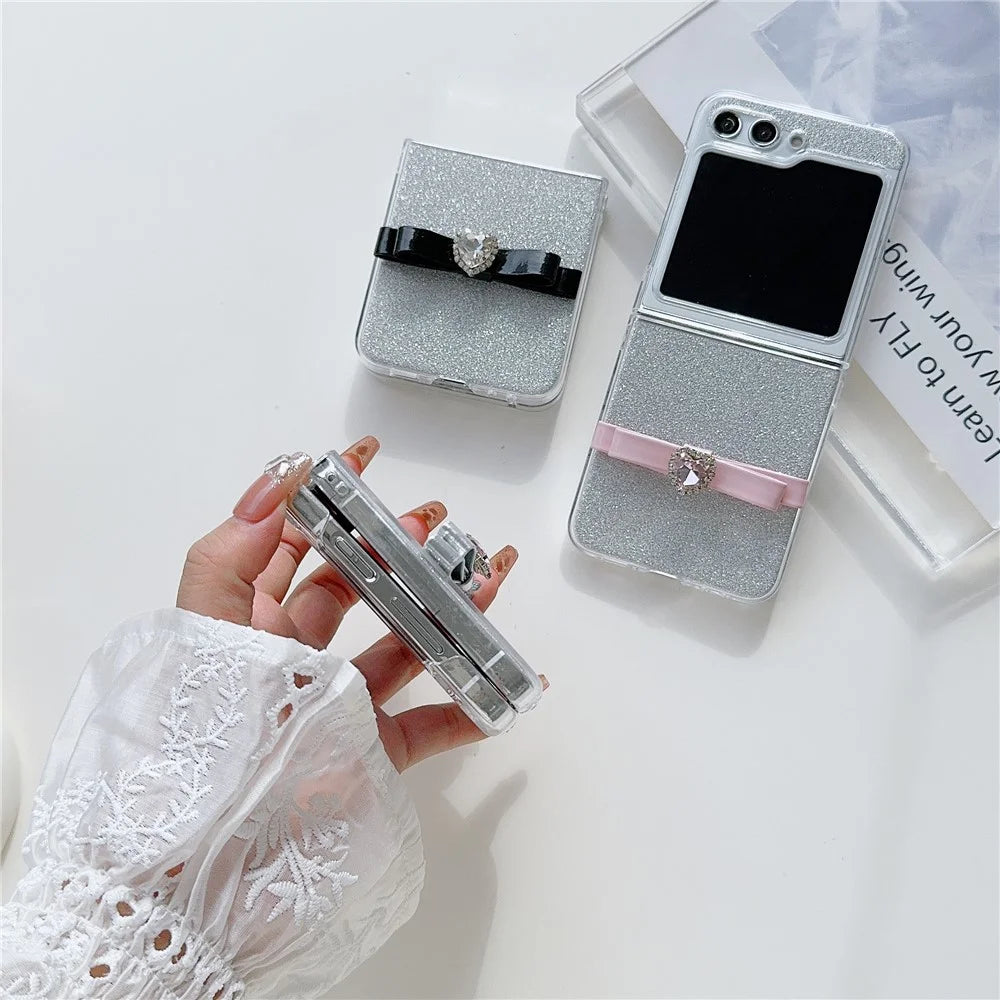 For Samsung Galaxy Z Flip5 5G Glittery Powder Phone Case P Phone Cover with Cute Bowknot - Pink - 7